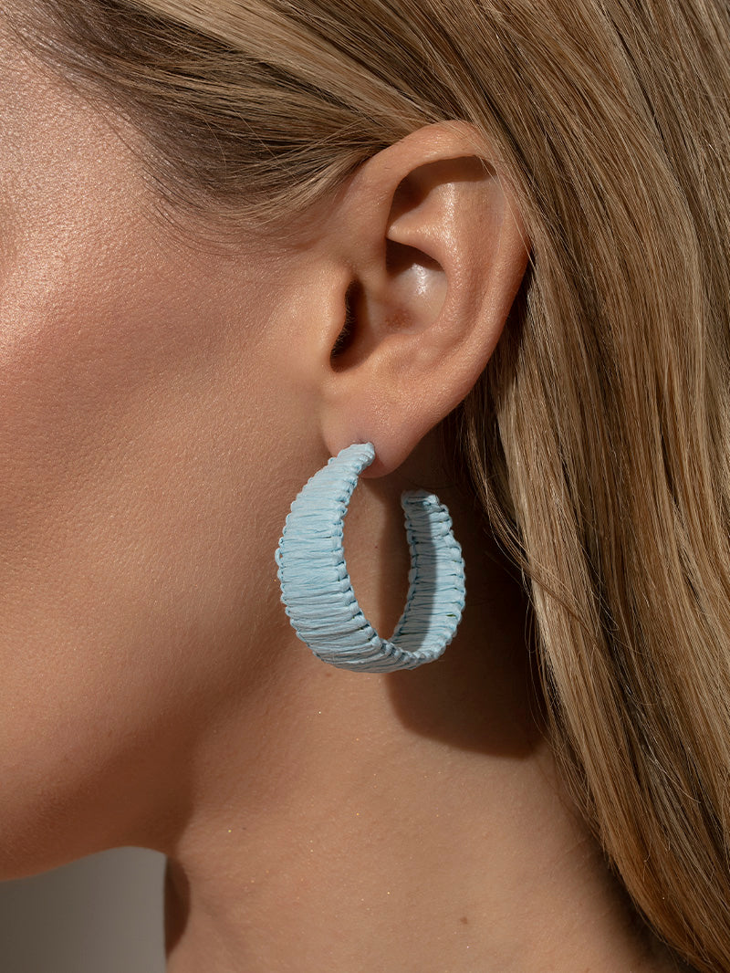 Raffia Woven Hoop Earrings | Blue | Model Image 2 | Uncommon James