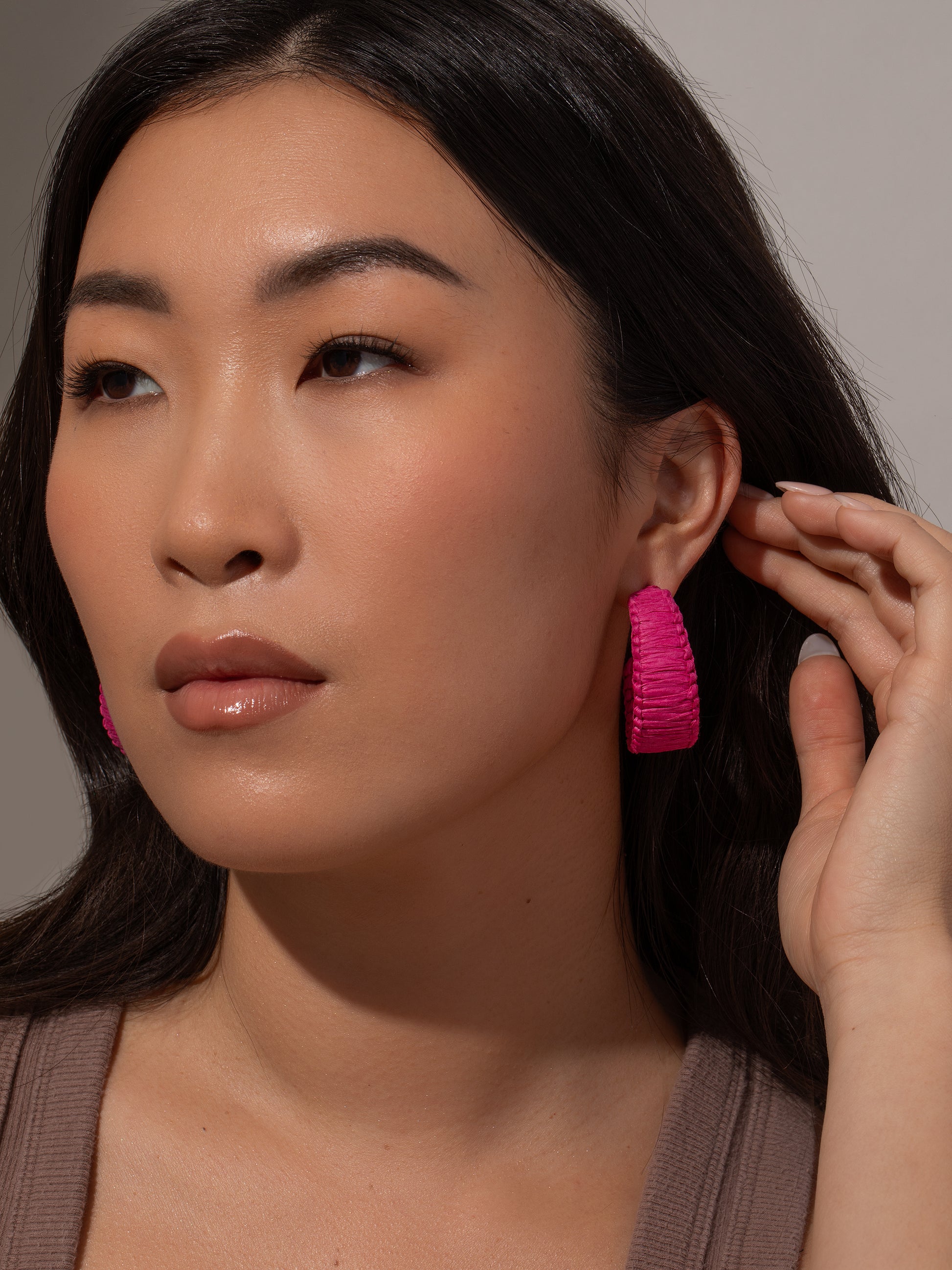 Raffia Woven Hoop Earrings | Magenta | Model Image | Uncommon James