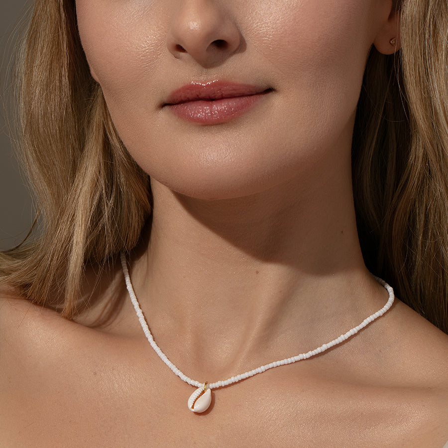 Beaded Puka Shell Necklace | White | Model Image | Uncommon James
