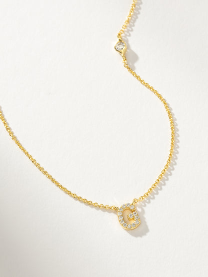 ["Pavé Initial Necklace ", " Gold G ", " Product Detail Image ", " Uncommon James"]
