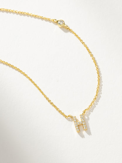 ["Pavé Initial Necklace ", " Gold H ", " Product Detail Image ", " Uncommon James"]