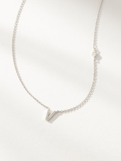 ["Pavé Initial Necklace ", " Sterling Silver V ", " Product Image ", " Uncommon James"]