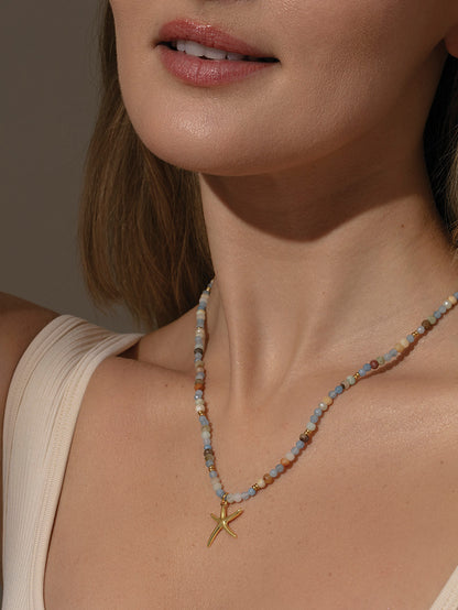 ["Starfish Beaded Necklace ", " Gold Blue ", " Model Image ", " Uncommon James"]