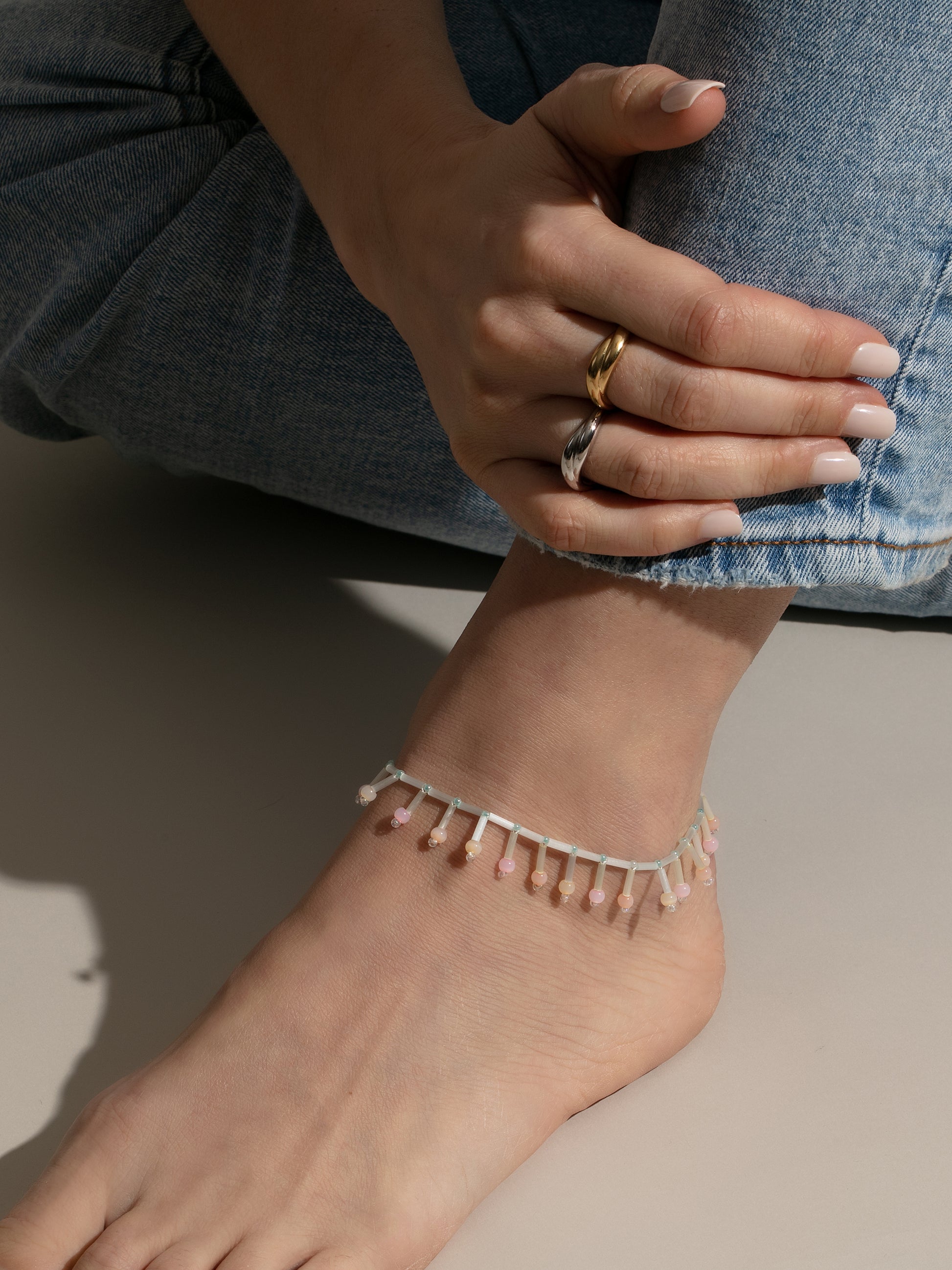 Ocean Floor Beaded Anklet | Blue/Pink | Model Image | Uncommon James