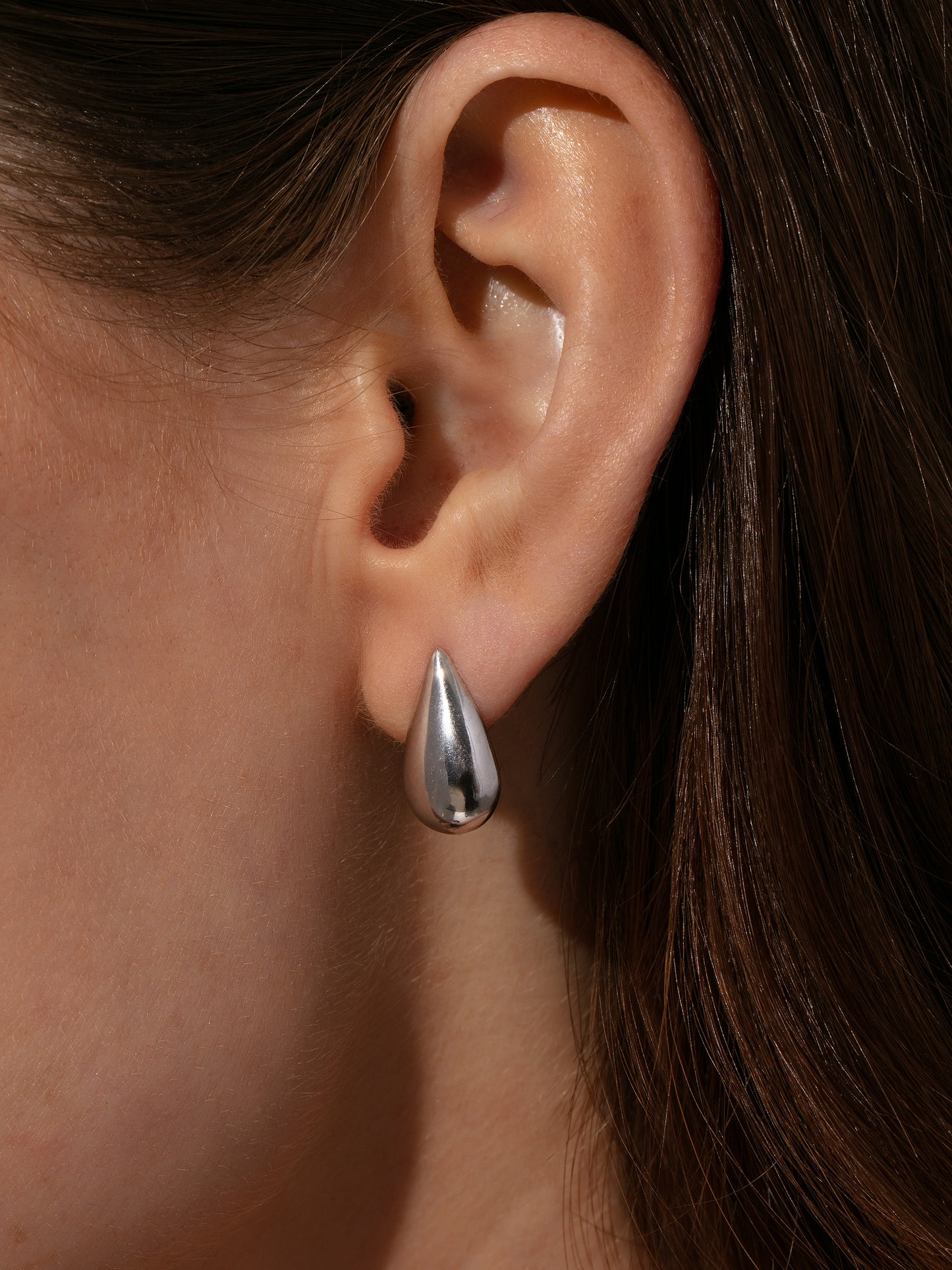 Teardrop Stud Earrings | Silver | Model Image | Uncommon James