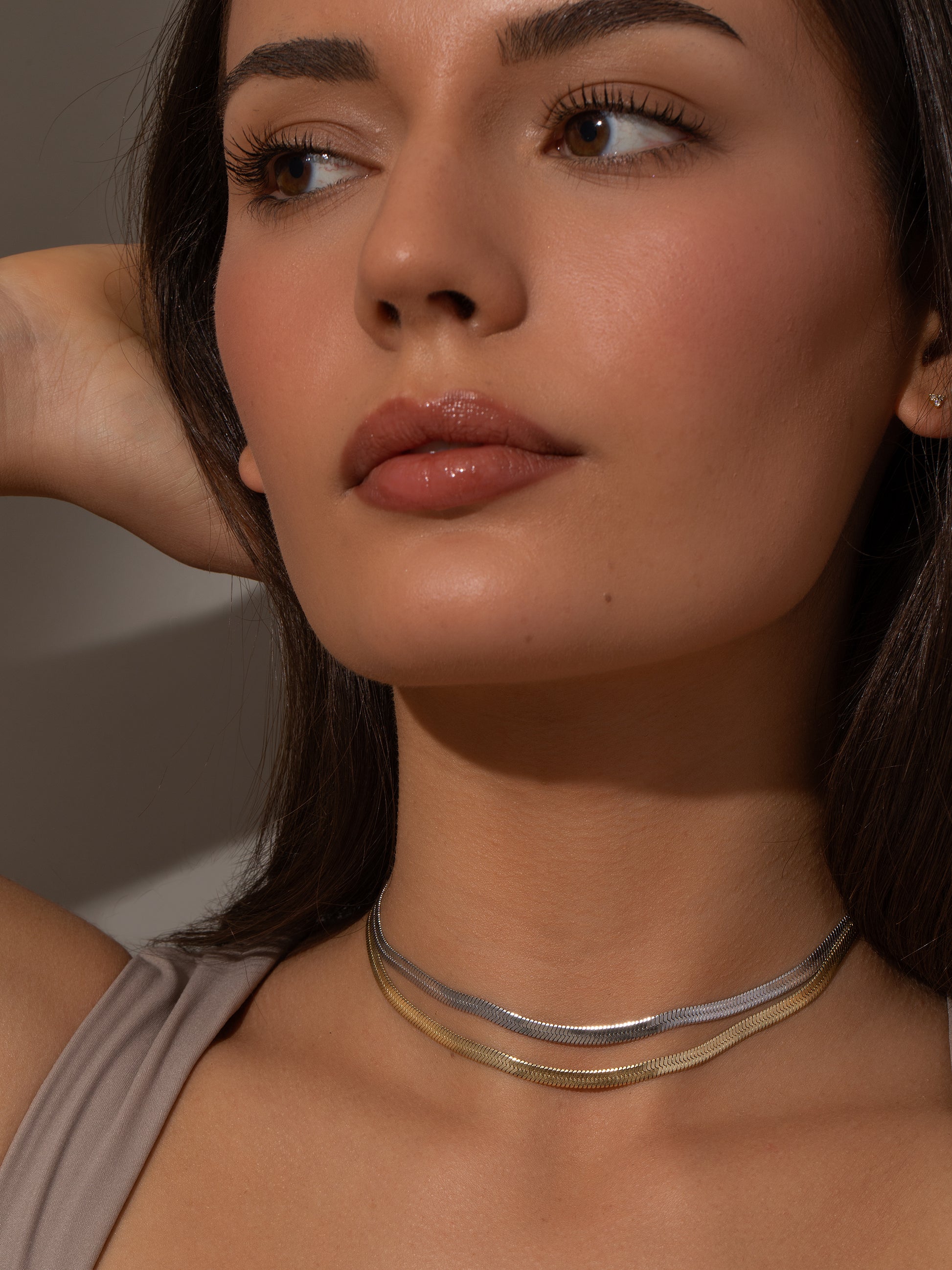 Double Layer Herringbone Chain Necklace | Mixed Metal | Model Image | Uncommon James