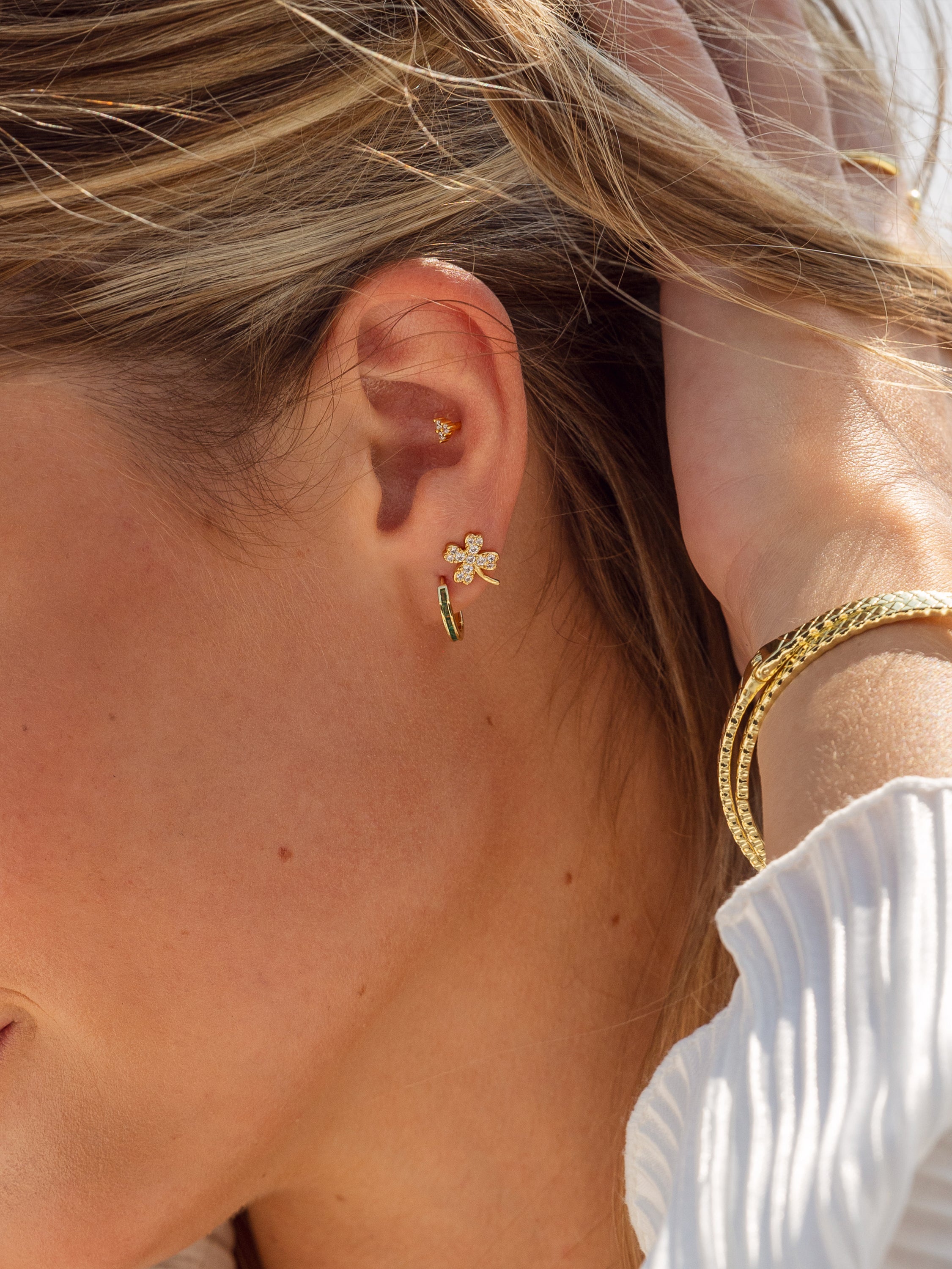 Baguette Cut Green Stone Huggie Earrings in Gold | Uncommon James