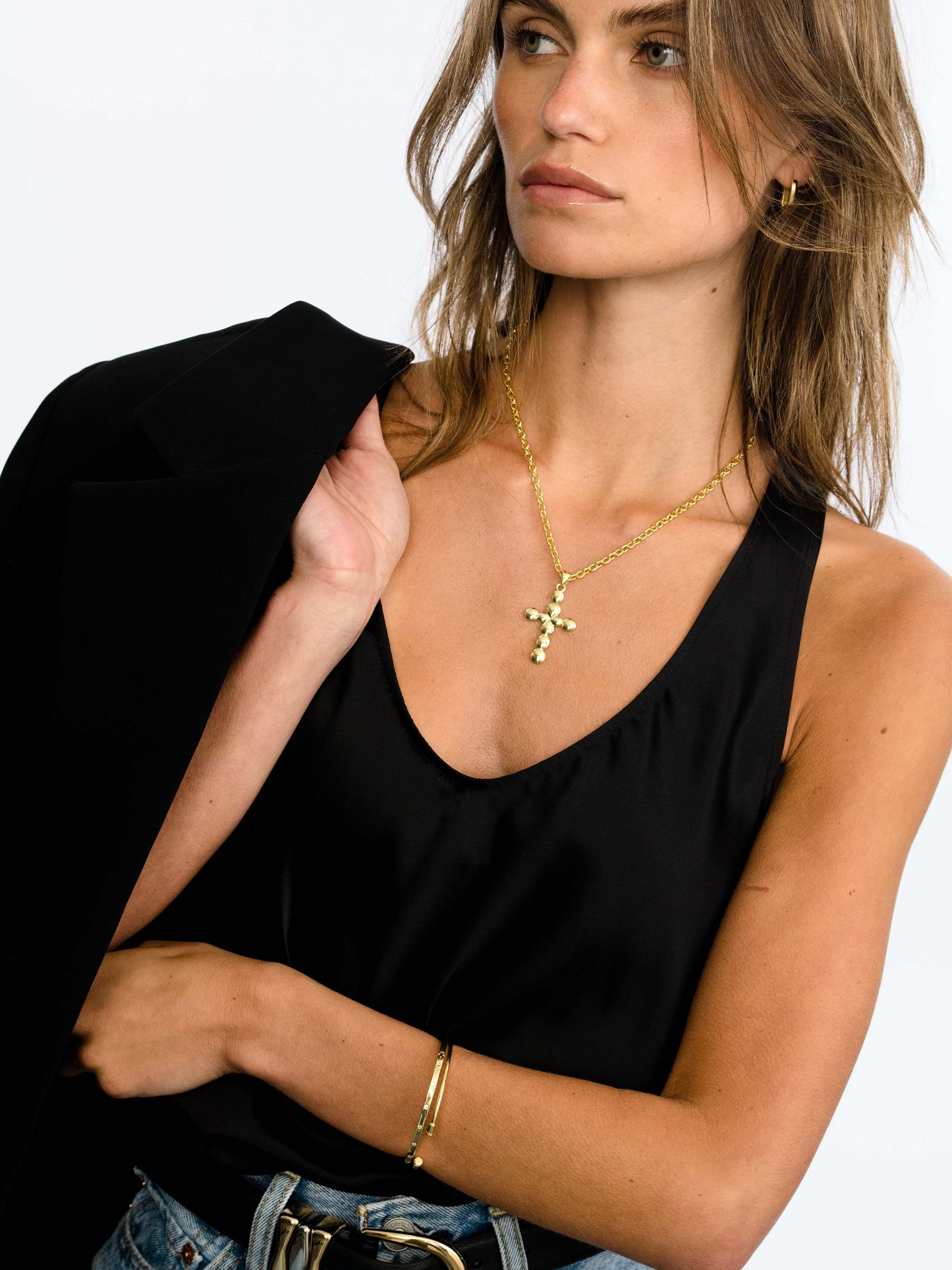 Bubble Cross Necklace | Gold | Model Image | Uncommon James