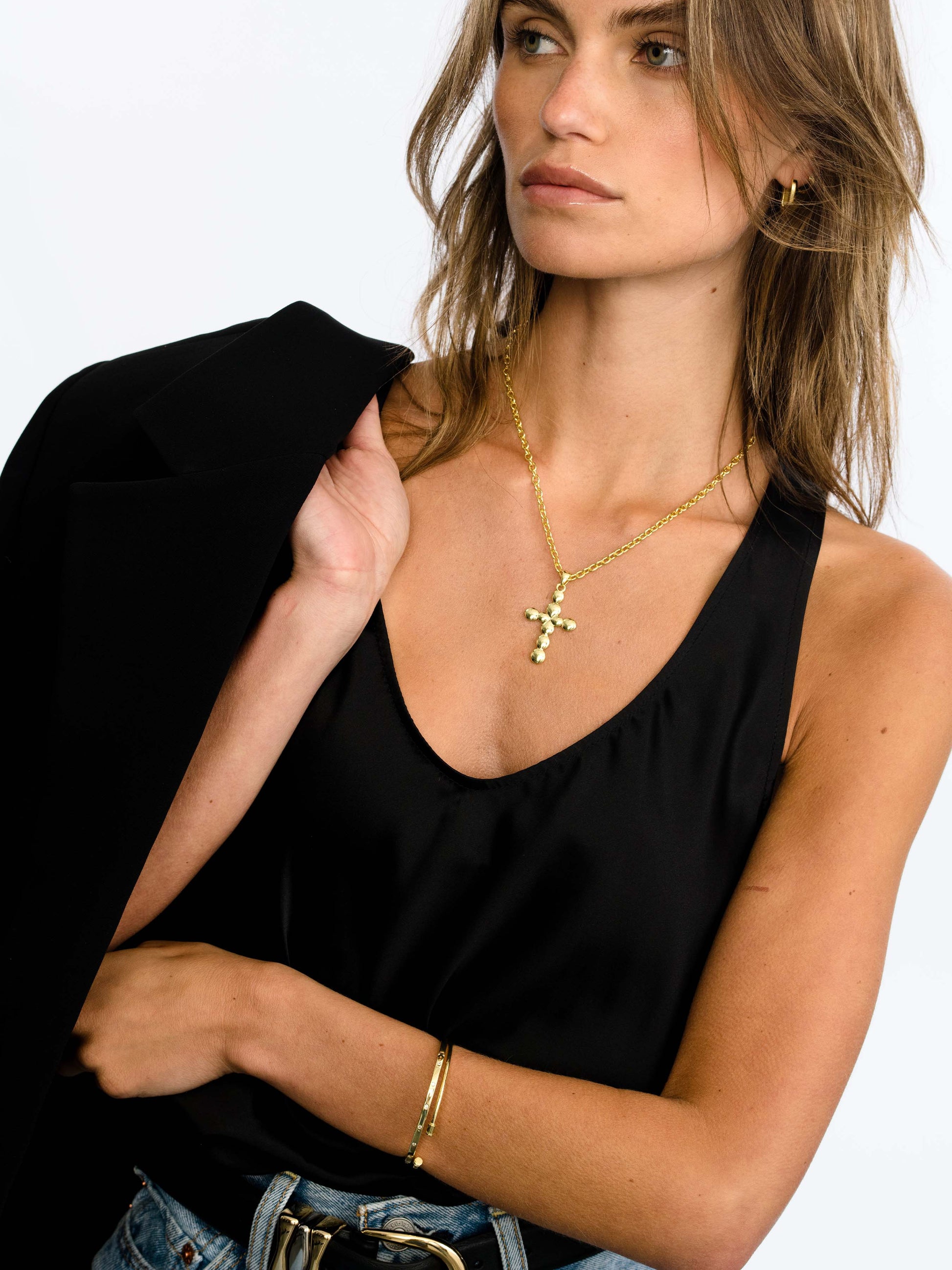 Bubble Cross Necklace | Gold | Model Image | Uncommon James