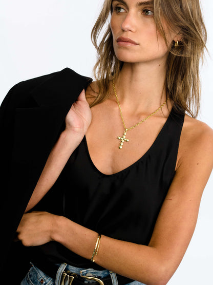 ["Bubble Cross Necklace ", " Gold ", " Model Image ", " Uncommon James"]