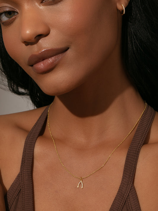Pavé Wishbone Necklace | Gold | Model Image 2 | Uncommon James