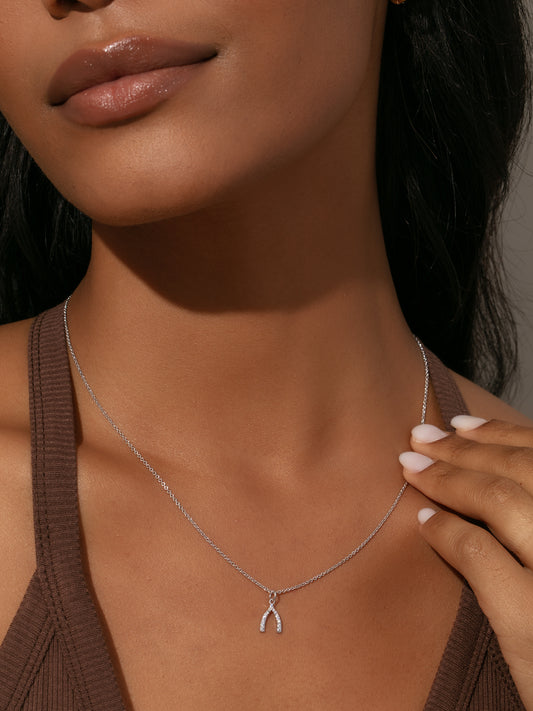 Pavé Wishbone Necklace | Silver | Model Image | Uncommon James
