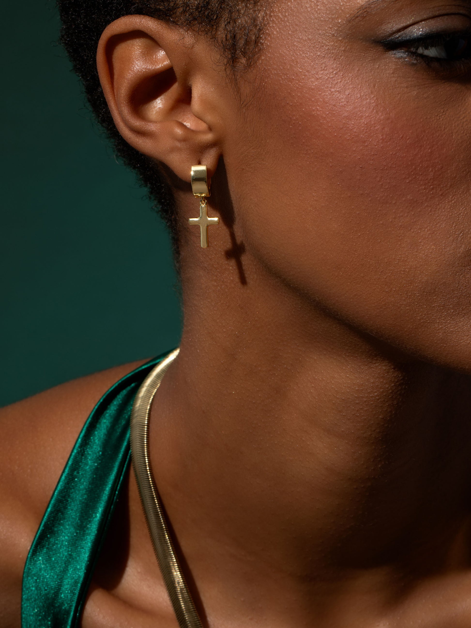 Bold Cross Huggie Earrings | Gold | Campaign Image | Uncommon James