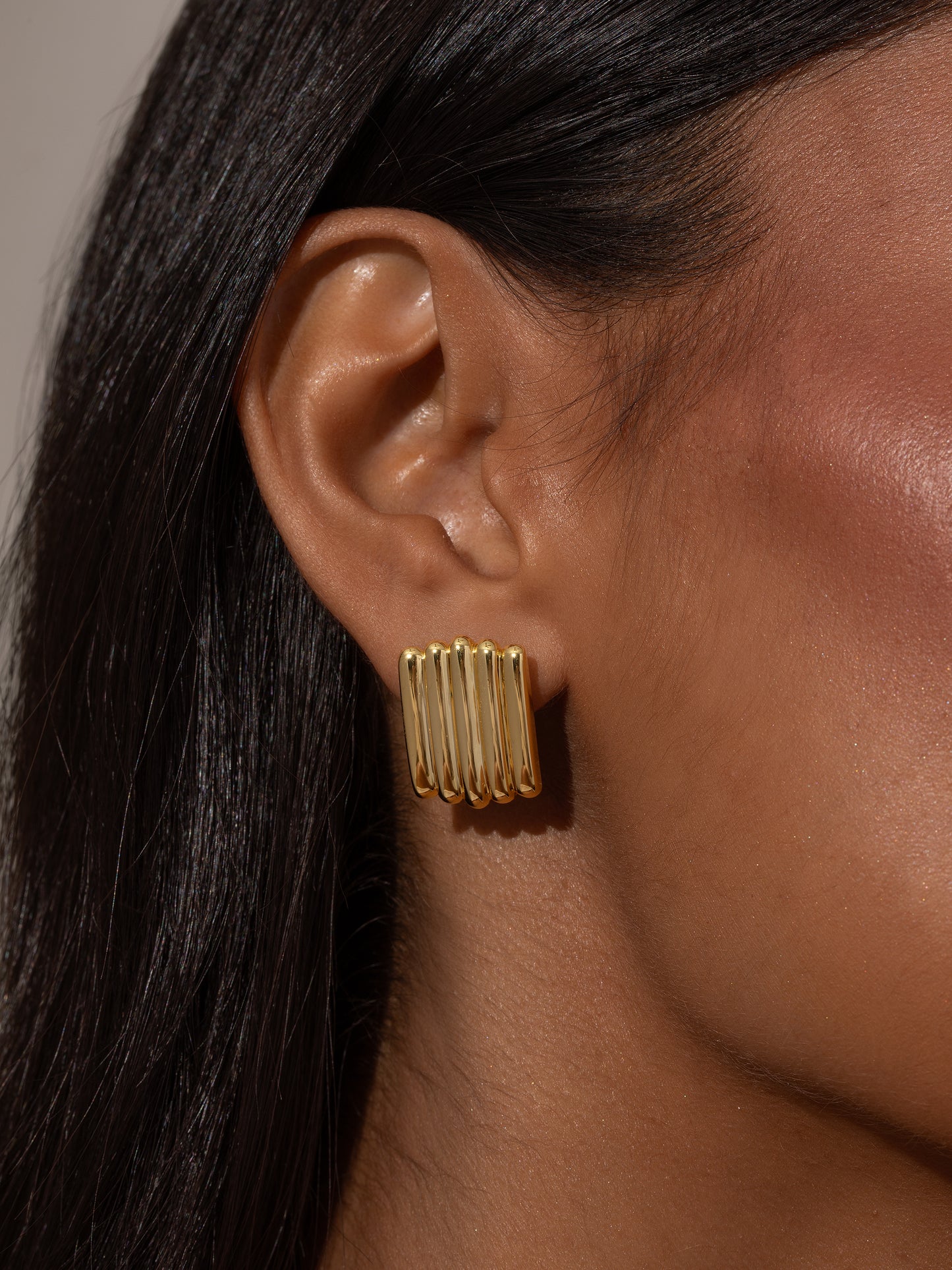 Tough Ribbed Statement Earrings | Gold | Model Image | Uncommon James
