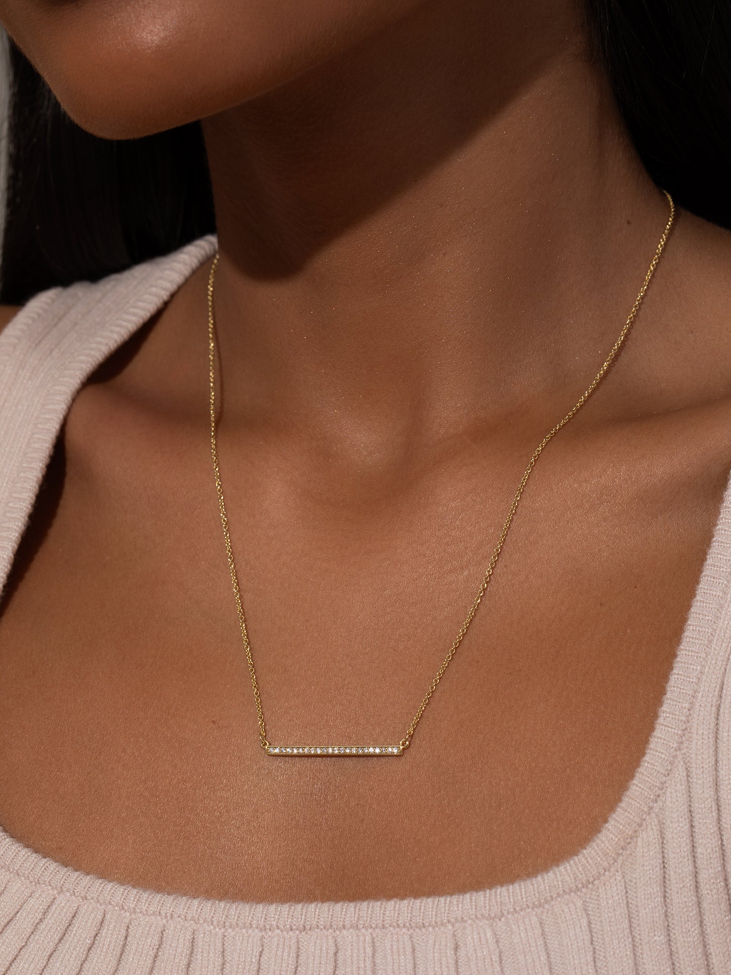 Blinding Lights Horizontal Bar Necklace | Gold | Model Image | Uncommon James