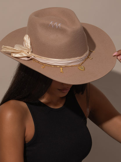 ["UJ x Rustler Hat Necklace ", " Gold ", " Model Image ", " Uncommon James"]