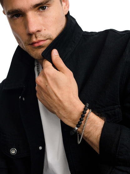 ["Men’s Round Box Chain Bracelet 3.5mm ", " Silver ", " Model Image 2 ", " Uncommon James"]