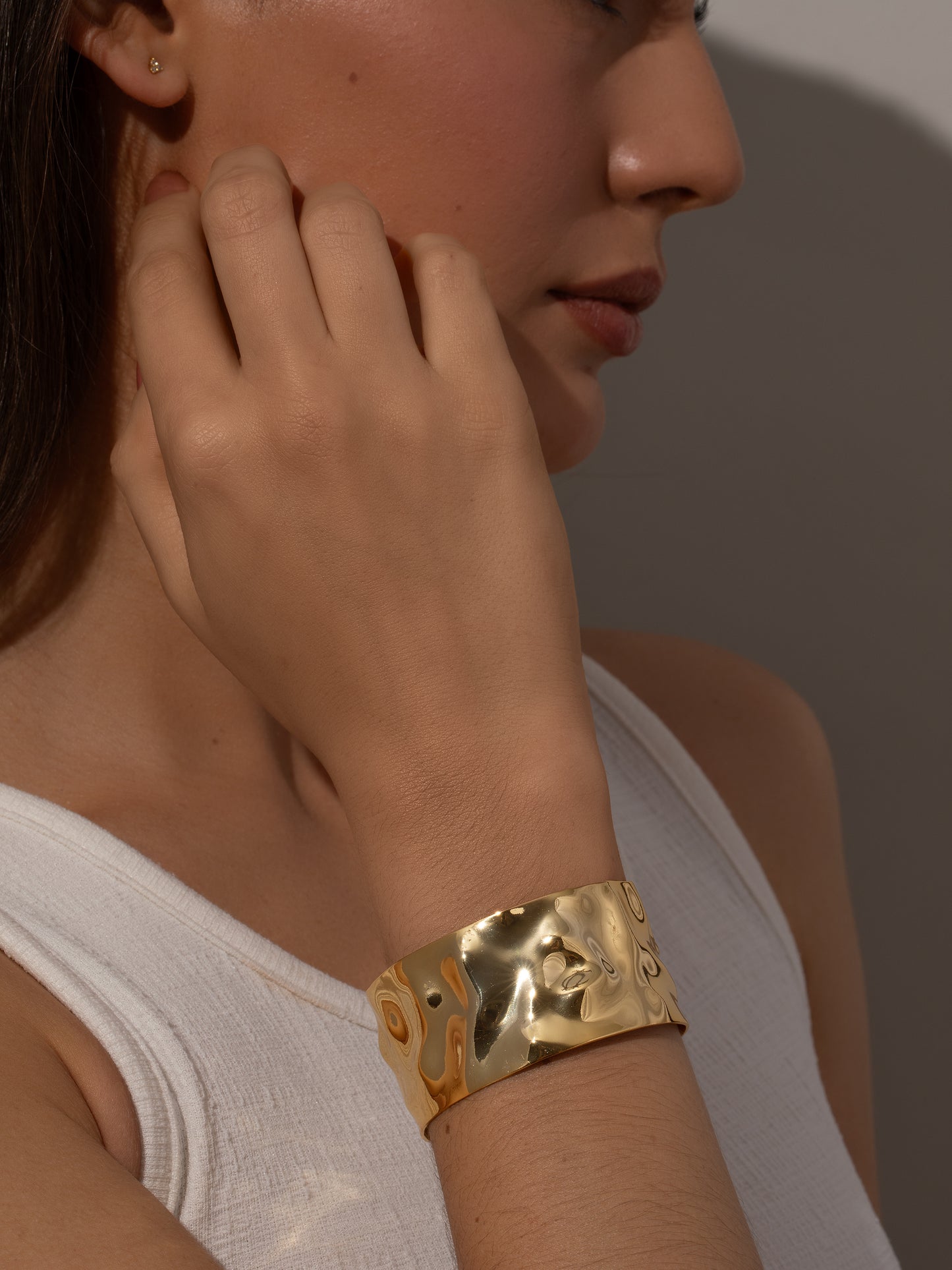 Crushed Statement Cuff Bracelet | Gold | Model Image | Uncommon James