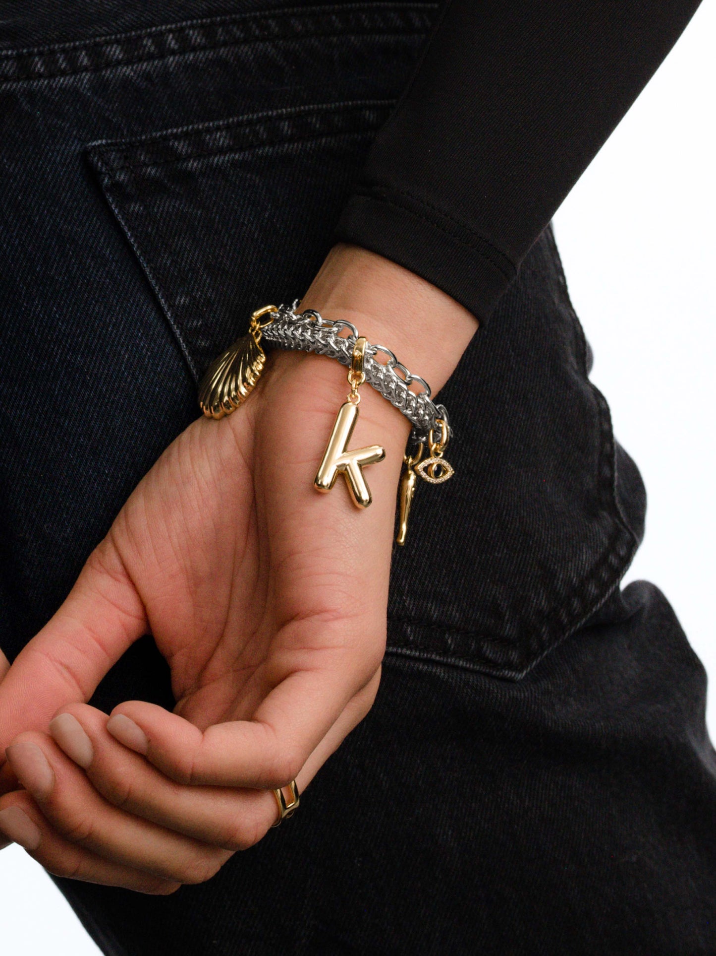 Bubble Letter Charm | Gold | Model Image | Uncommon James