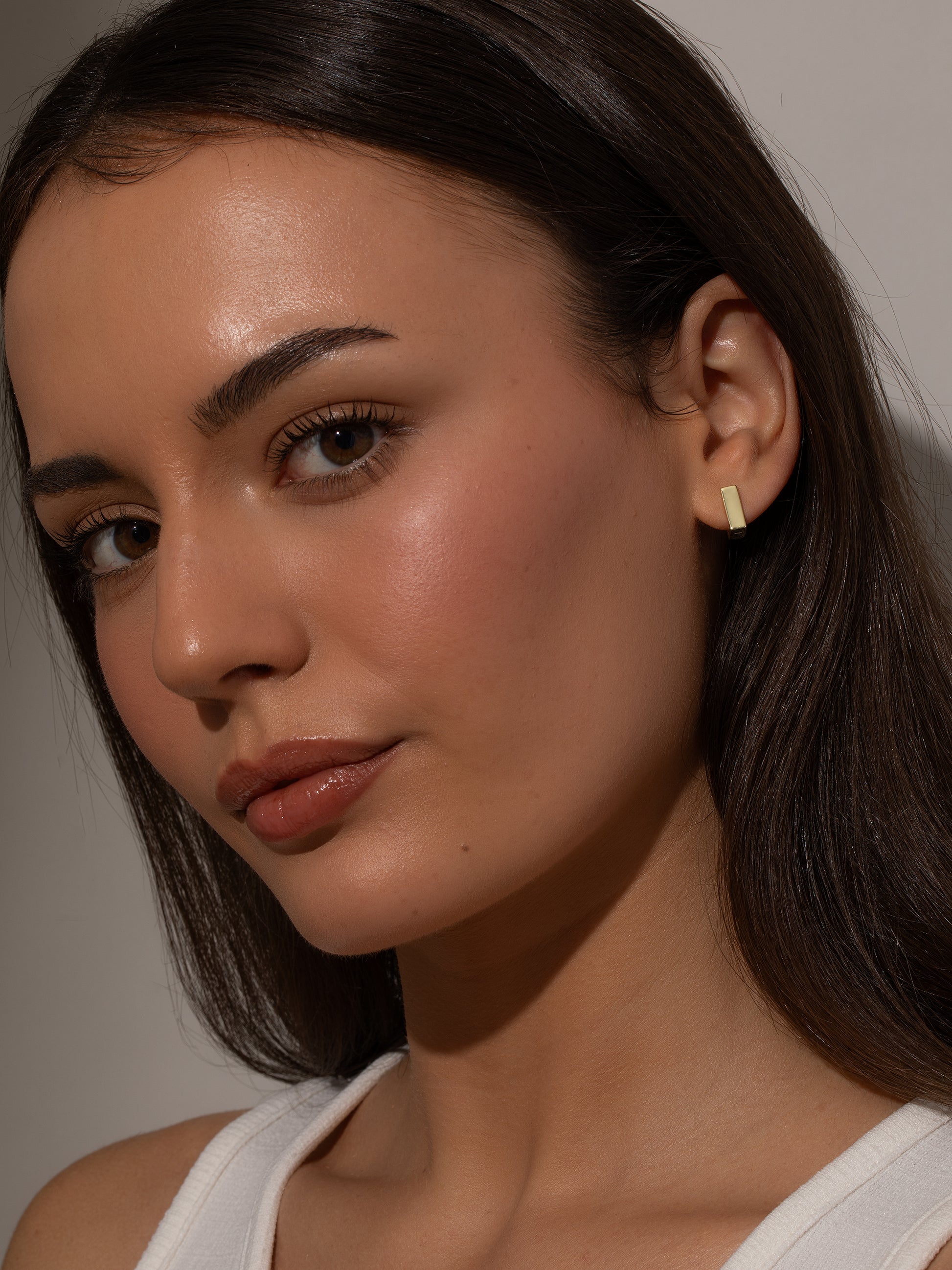 Passion Square Huggie Earrings | Gold | Model Image | Uncommon James