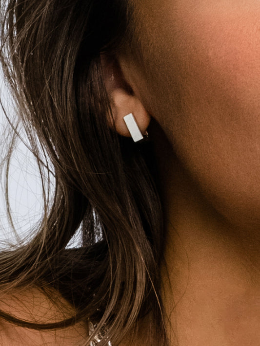 Passion Square Huggie Earrings | Silver | Model Image | Uncommon James