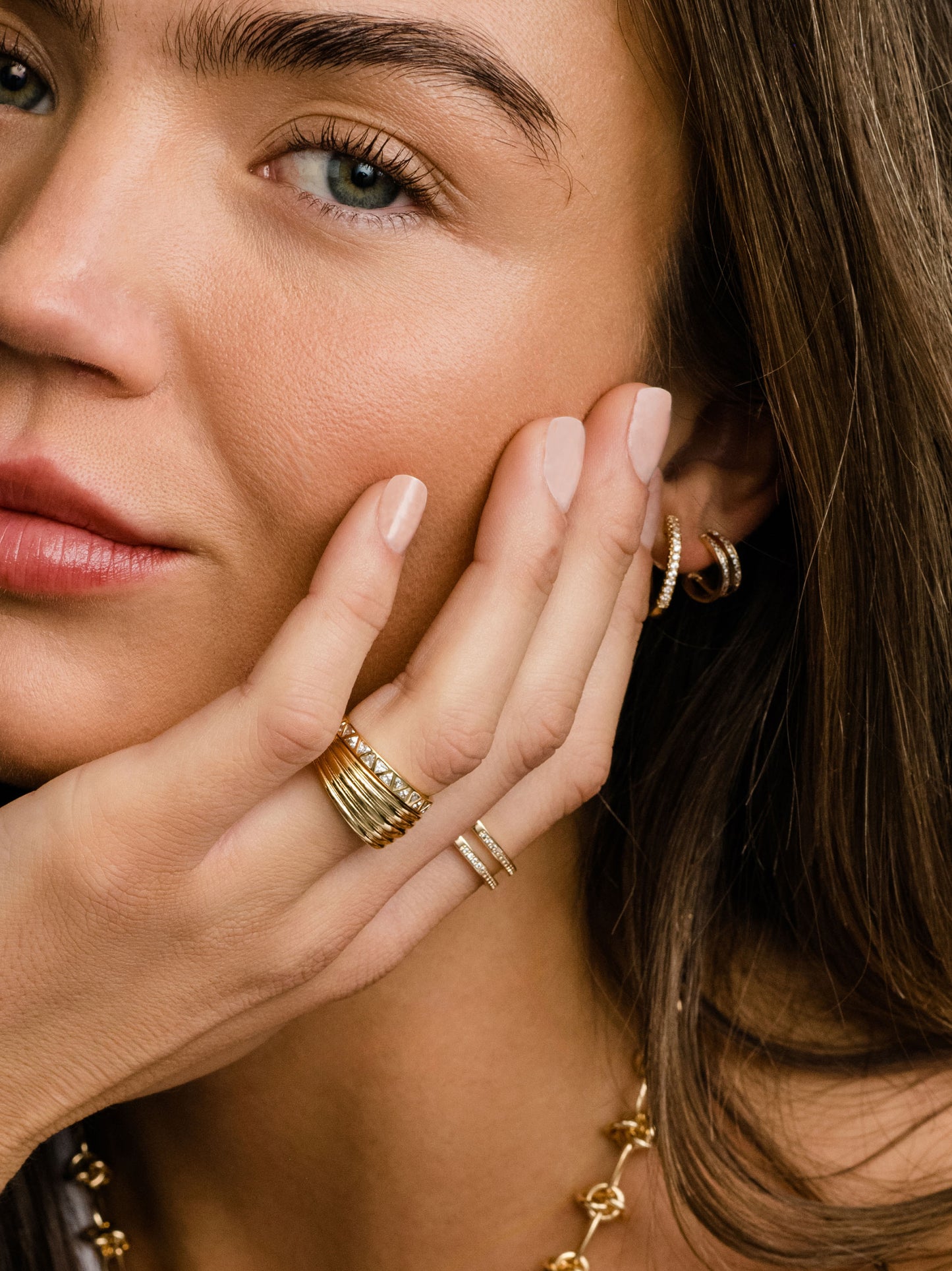 Whim Pavé Double Hoop Earrings | Gold | Model Image | Uncommon James