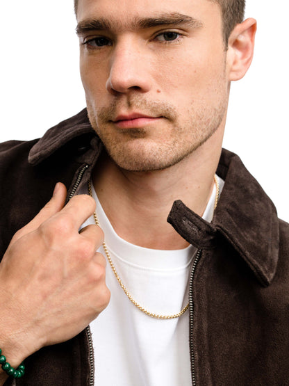 ["Men’s Wheat Chain Necklace 3.5mm ", " Gold ", " Model Image ", " Uncommon James"]