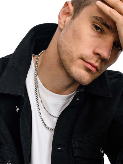 ["Men’s Wheat Chain Necklace 3.5mm ", " Silver ", " Model Image 3 ", " Uncommon James"]