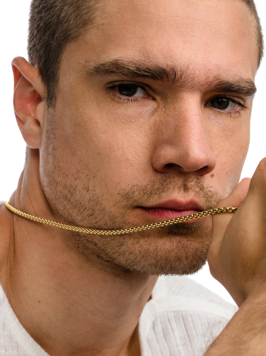 Men’s Round Box Chain Necklace 3mm | Gold | Model Image 2 | Uncommon James