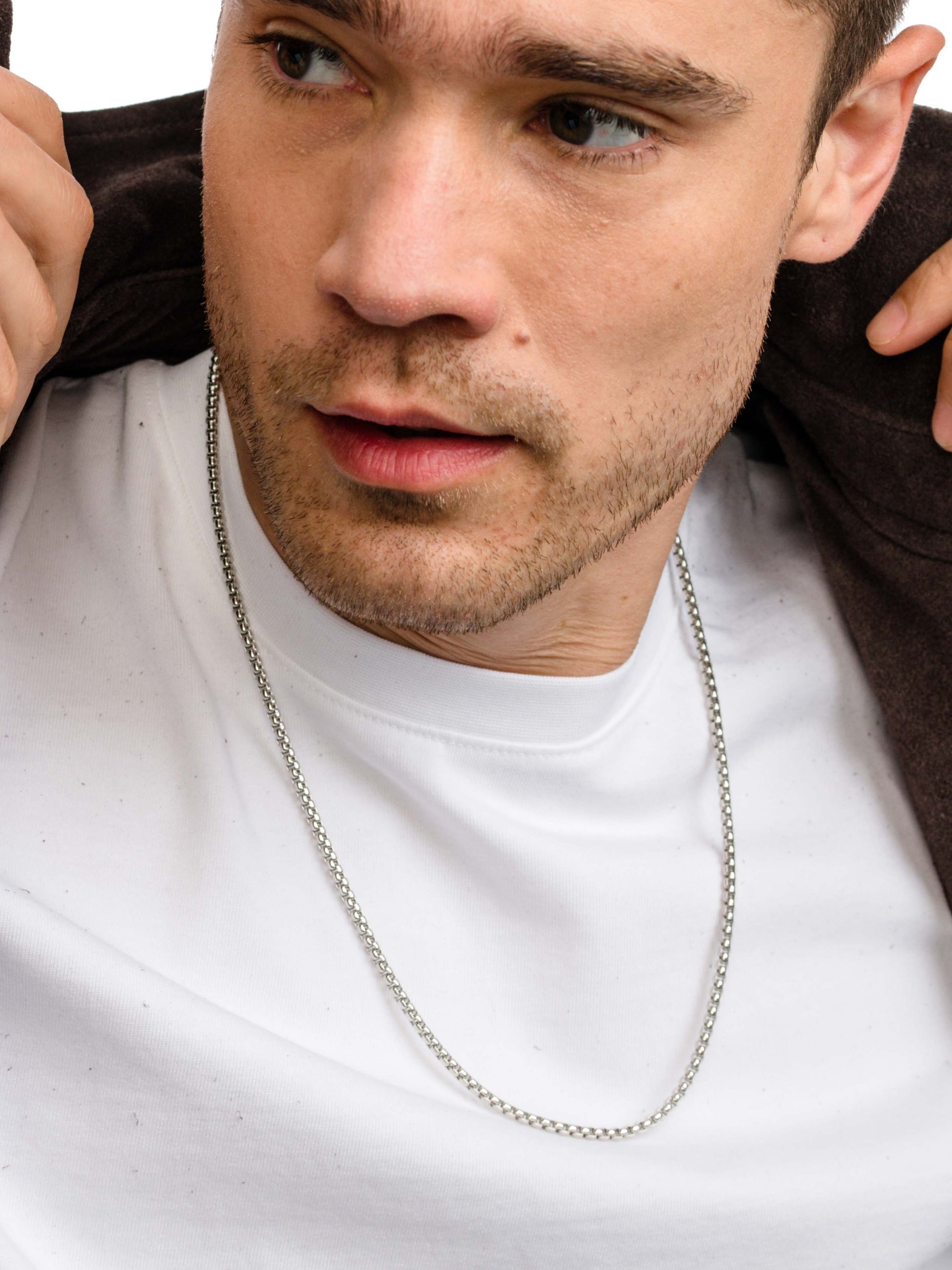 Men’s Round Box Chain Necklace 3mm | Silver | Model Image | Uncommon James