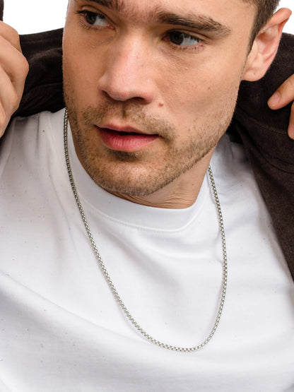["Men’s Round Box Chain Necklace 3mm ", " Silver ", " Model Image ", " Uncommon James"]