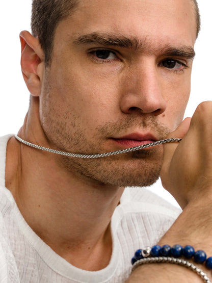 ["Men’s Round Box Chain Necklace 3mm ", " Silver ", " Model Image 2 ", " Uncommon James"]