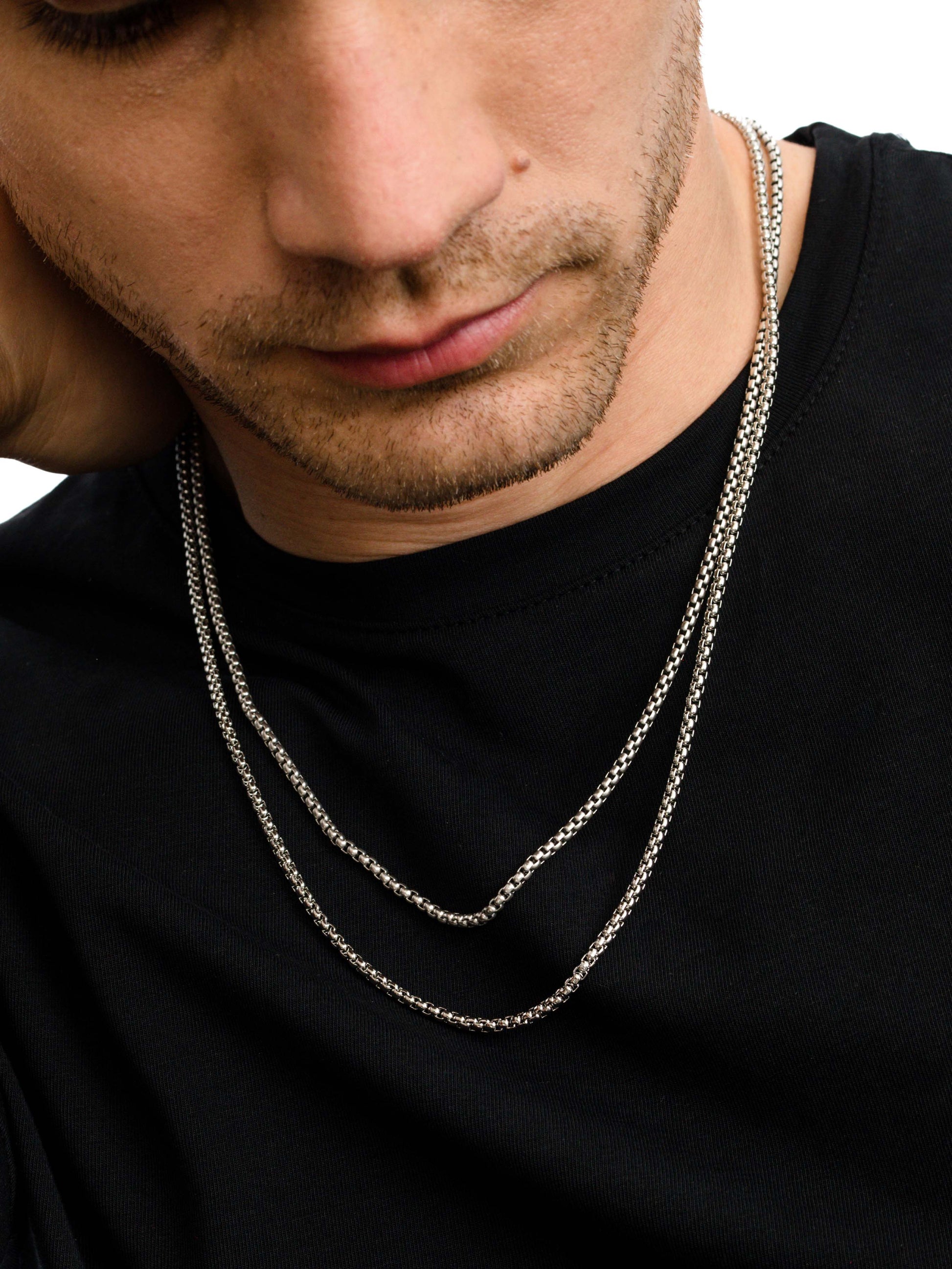 Men’s Round Box Chain Necklace 3mm | Silver | Campaign Image | Uncommon James
