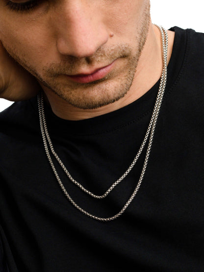 ["Men’s Round Box Chain Necklace 3mm ", " Silver ", " Campaign Image ", " Uncommon James"]