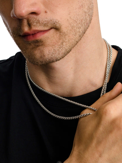 ["Men’s Wheat Chain Necklace 4mm ", " Silver ", " Model Image 2 ", " Uncommon James"]