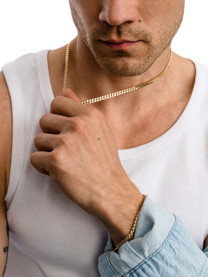 ["Men’s Cuban Chain Necklace 5mm ", " Gold ", " Model Image 3 ", " Uncommon James"]