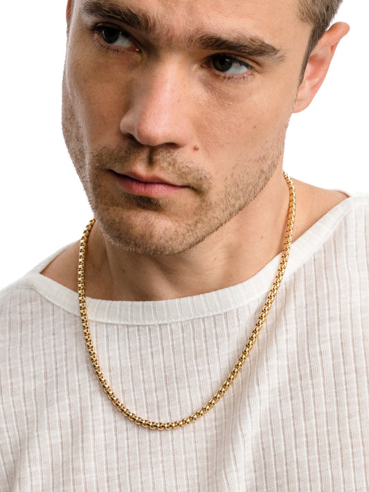 Men’s Round Box Chain Necklace 5mm | Gold | Model Image 2 | Uncommon James