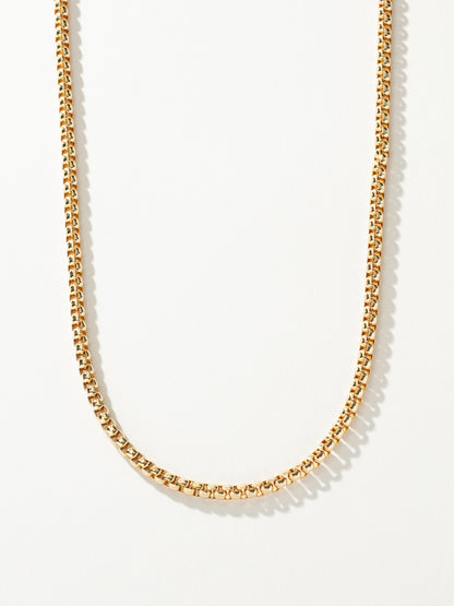 ["Men’s Round Box Chain Necklace 5mm ", " Gold ", " Product Detail Image ", " Uncommon James"]
