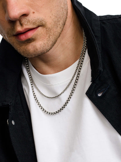 ["Men’s Round Box Chain Necklace 5mm ", " Silver ", " Model Image ", " Uncommon James"]