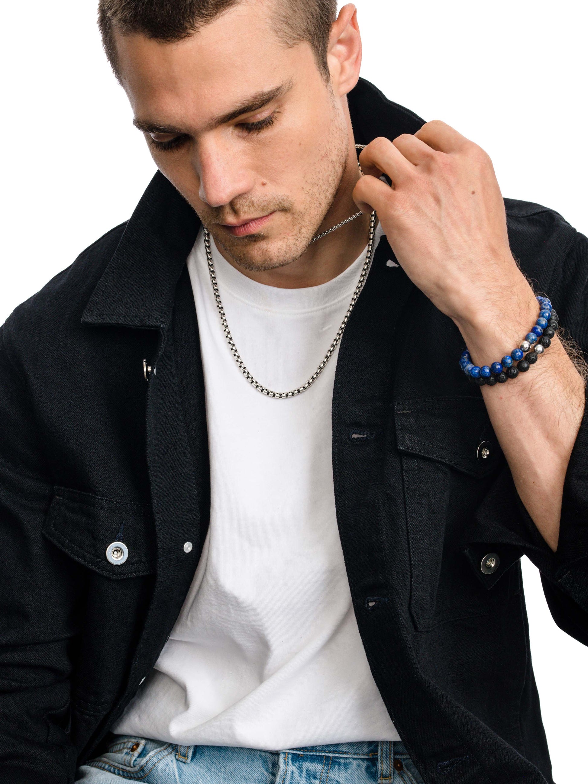 Men’s Round Box Chain Necklace 5mm | Silver | Model Image 2 | Uncommon James
