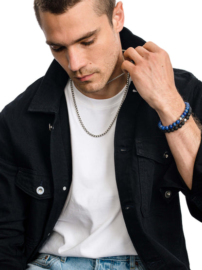 ["Men’s Round Box Chain Necklace 5mm ", " Silver ", " Model Image 2 ", " Uncommon James"]