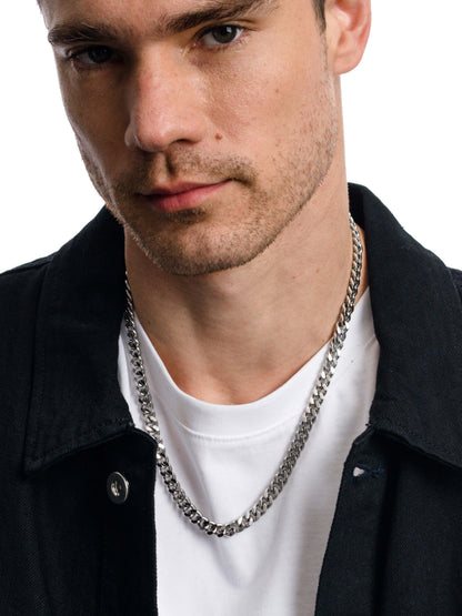["Men’s Cuban Chain Necklace 8mm ", " Silver ", " Model Image 2 ", " Uncommon James"]