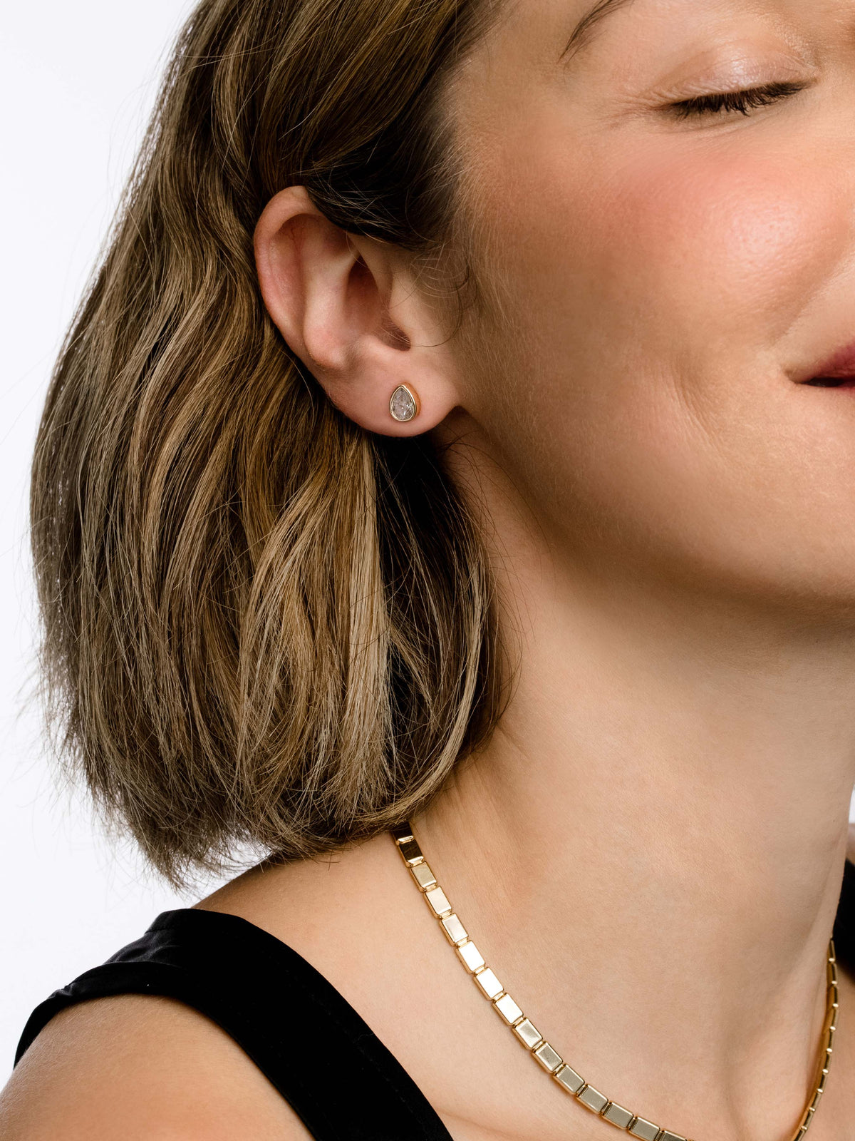 Pear Stud Earrings | Gold Medium | Model Image | Uncommon James