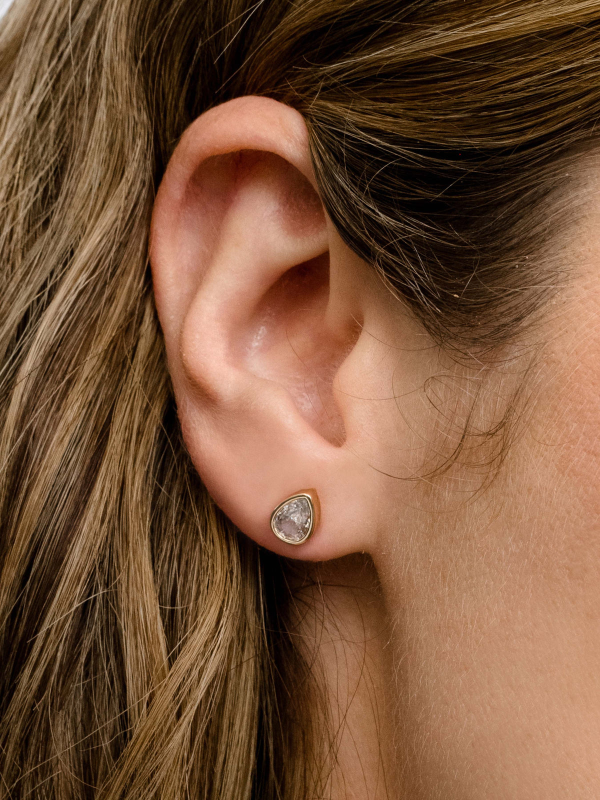 Pear Stud Earrings | Gold Medium | Model Image 2 | Uncommon James