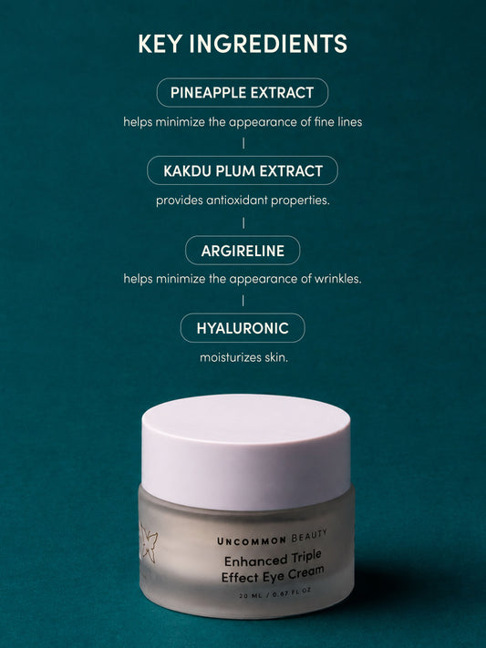 Enhanced Triple Effect Eye Cream | 20 ml // 0.67 fl oz | Key Ingredients Image | Uncommon Beauty | Key Ingredients: Pineapple Extract helps minimize the appearance of fine lines. Kakadu Plum Extract provides antioxidant properties. Argireline helps minimize the appearance of wrinkles. Hyaluronic Acid moisturizes skin. 