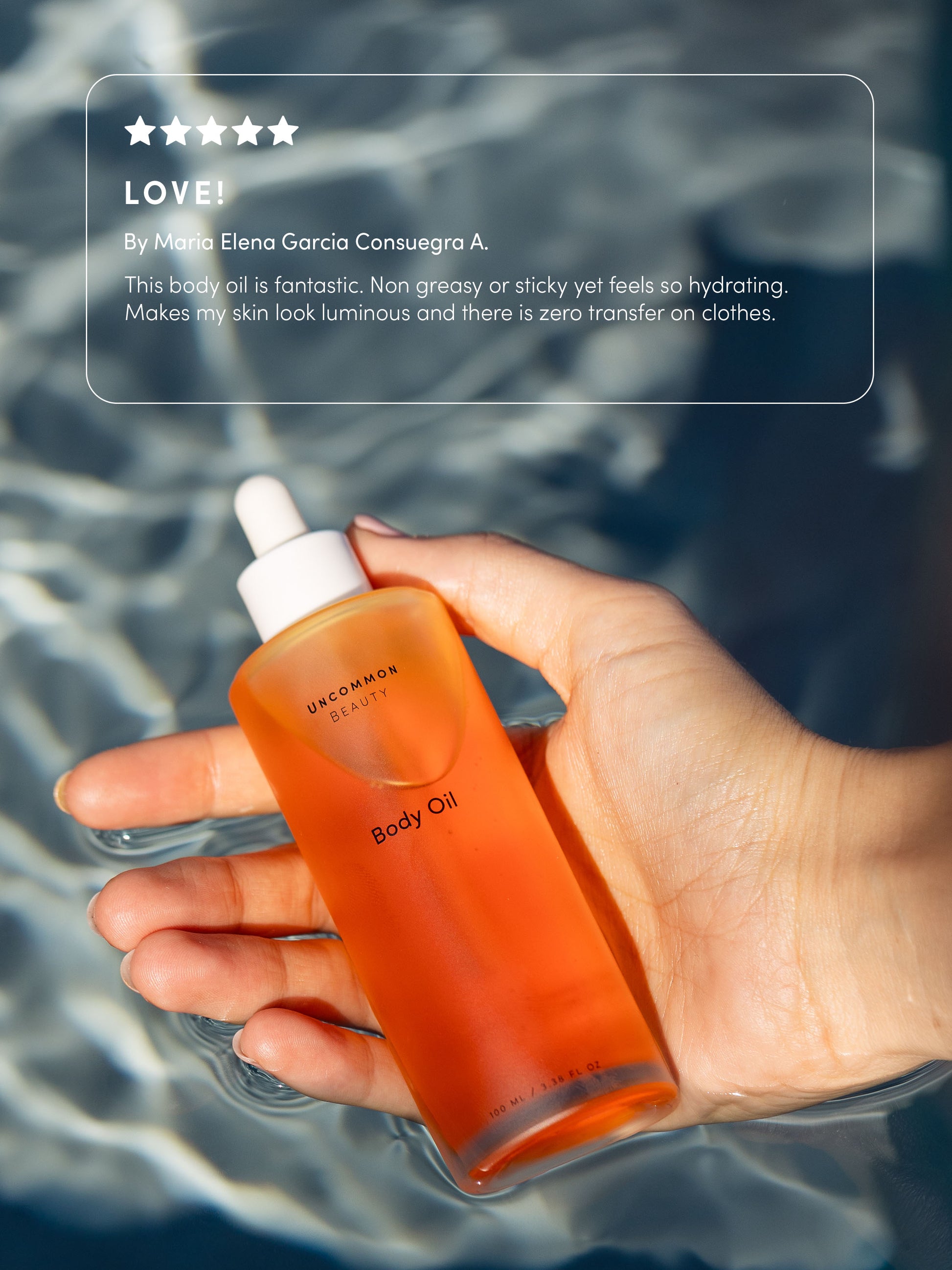 Body Oil | 100 ml // 3.38 fl oz | Review Image | Uncommon Beauty | Love! By Maria Elena Garcia Consuegra A. This body oil is fantastic. Non greasy or sticky yet feels so hydrating. Makes my skin look luminous and there is zero transfer on clothes. 