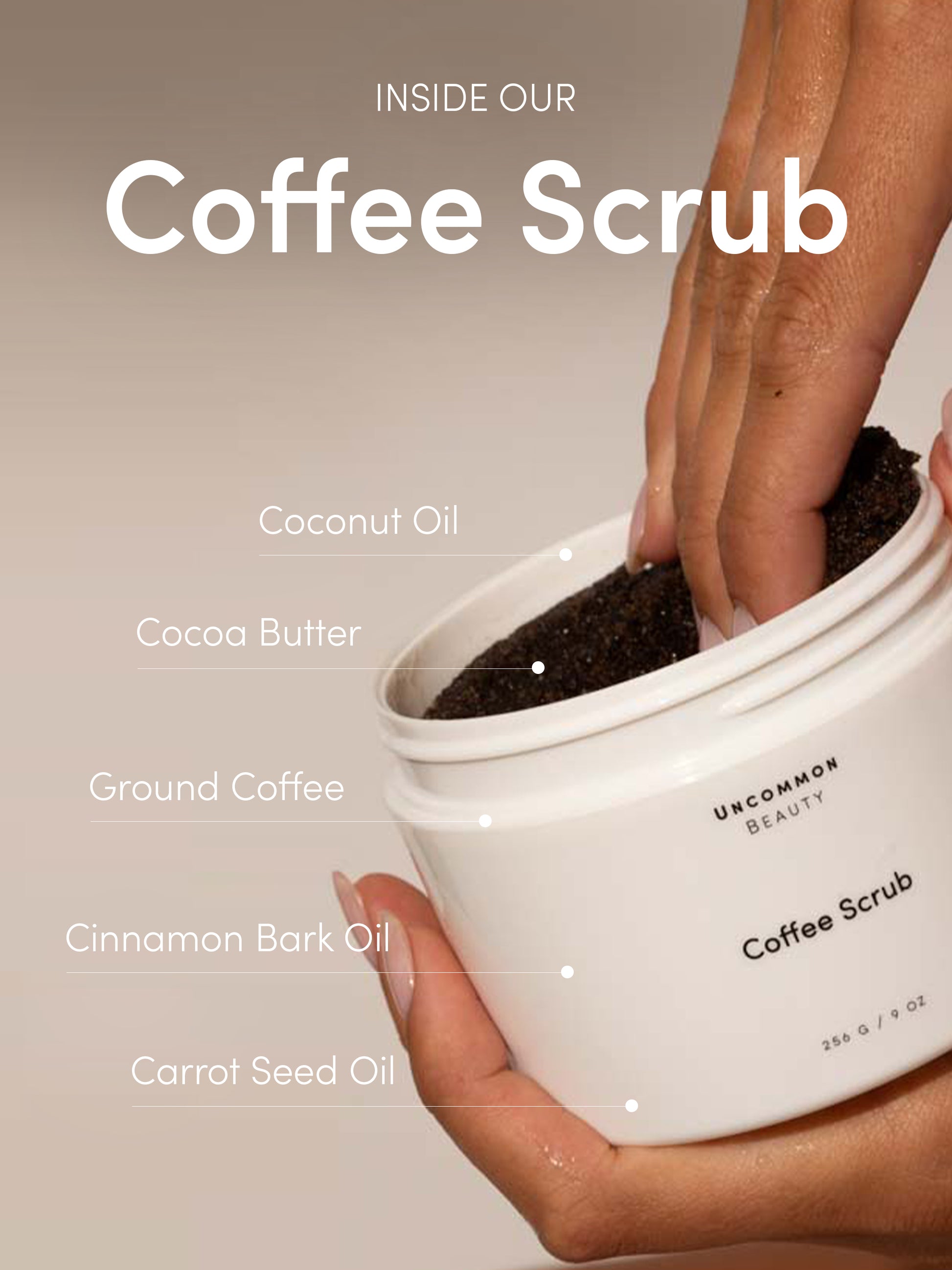 Coffee Scrub | 256 g // 9 oz | Product Detail Image | Uncommon Beauty | Inside our Coffee Scrub, 1: Coconut Oil, 2: Cocoa Butter, 3: Ground Coffee, 4. Carrot Seed Oil, 5. Cinnamon Bark Oil