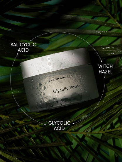 ["Glycolic Pads ", " 48 ml // 1.62 fl oz ", " Product Image 2 ", " Uncommon Beauty ", " Salicyclic Acid, Witch Hazel, Glycolic Acid"]