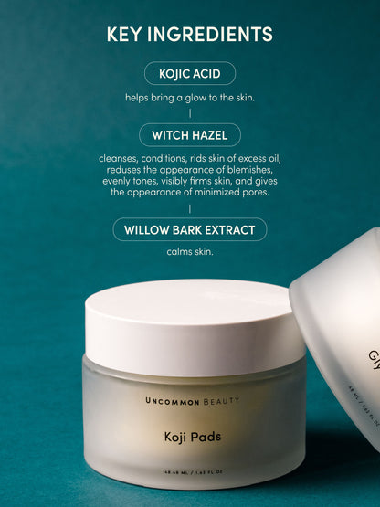["Koji Pads ", " 48 ml // 1.62 fl oz ", " Key Ingredients Image ", " Uncommon Beauty ", " Key Ingredients: Kojic Acid helps bring a glow to the skin. Witch Hazel cleanses, conditions, rids skin of excess oil, reduces the appearance of blemishes, evenly tones, visibly firms skin, and gives the appearance of minimized pores. Willow Bark Extract calms skin."]