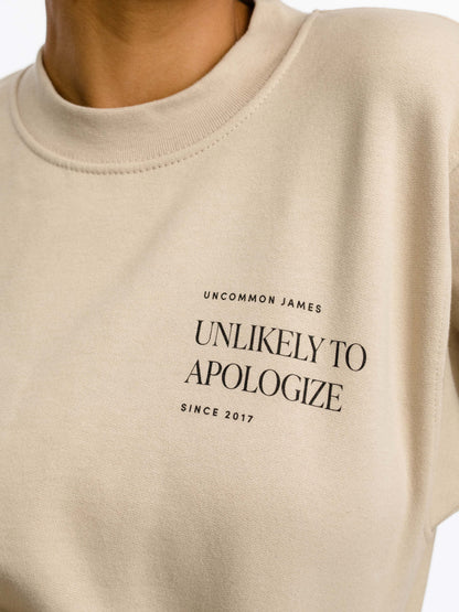 ["Unlikely to Apologize Sweatshirt ", " Beige ", " Model Image ", " Uncommon James"]